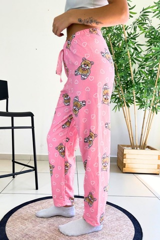 Dreamy Soft Kadife Dokulu Ayıcık Desenli Süet Pijama Altı Pantolon Pembe