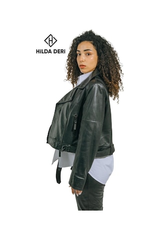 Hilda Deri Emery Biker Tarzı Siyah Oversize Hakiki Kuzu Derisi Kadın Ceket 001