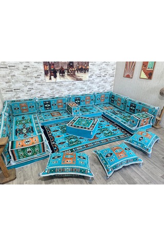 Coton Şark Köşesi Milas Desenli Minder, Kilim, Orta Puf Turkuaz