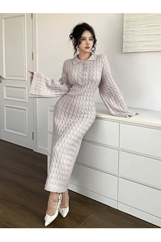 Sayzen Your Shine Gömlek Yaka Düğmeli Saç Örgülü Triko Elbise Sy-2515 Ekru