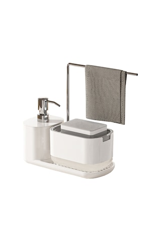 Aubyhe Mutfak Sıvı Sabun Dağıtıcı Seti, Çift Bölmeli Basma Kutusu, Sponge Tutucu İle Sürekli Yıkama Ve El Sabunu İçin, Beyaz, Organizasyon Aleti Beyaz