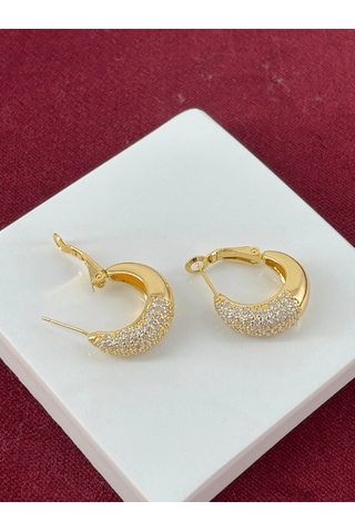 Yarısı Taşlı Yarısı Parlak Gold Halka Küpe Gold