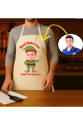 Kişiye Özel Karikatür Fotoğraflı Mutfak Önlüğü Noel Babanın Gizli Yardımcısı Çok Renkli