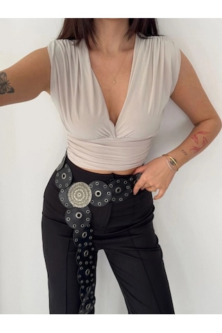 Freedom Storee Kadın Vatkalı Kolsuz V Yaka Drapeli Crop Bluz Likralı Fit - Boyalı Gri Çok Renkli