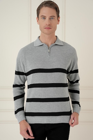 Efor Slim Fit Çizgili Fermuarlı Polo Yaka Gri Triko Kazak Tr 877 Gri