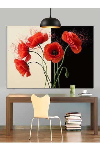 Kırmızı Haşhaş Çiçekleri Sapları Dekoratif Kanvas - Mdf Ahşap Tablo