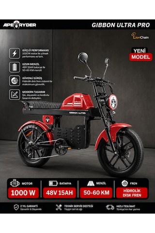 Ape Ryder Gibbon Ultra Pro 1000w Elektrikli Bisiklet Kırmızı Ayna ve El gazı