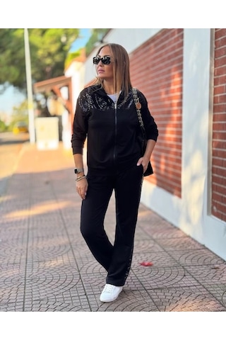 Defymoda Kadın Iki Iplik Kumaş Pul Ve Fermuar Detaylı Ikili Takım Siyah