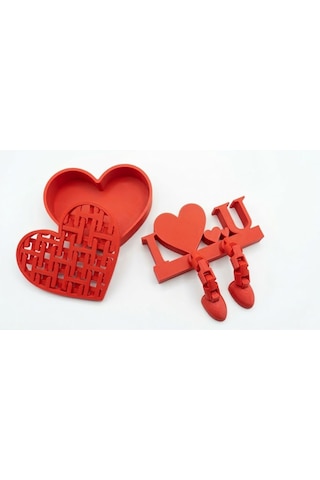 Özel Tasarım Eklemli I Love You Masa Üstü Biblo Ve Dekoratif Örgü Kalp Kutu Seti Kırmızı