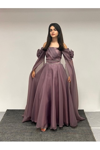 Kız Çocuk Abiye Lila Uzun Askılı Kolları Çıkabilen Pelerinli Şifon Abiye Elbise 10-15 Yaş Lila