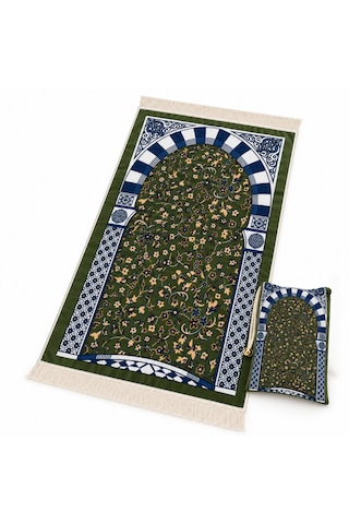 Taşınabilir Çantalı Ravza Desenli Yeşil Seyahat Seccadesi 75x125