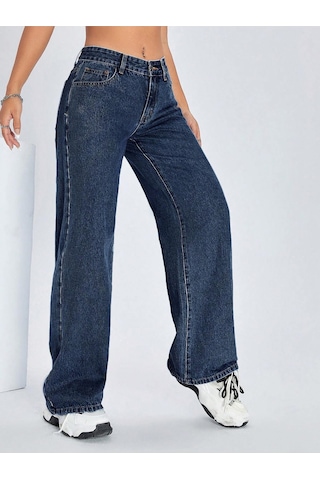 Straight Kadın Denim Pantolon Koyu Yıkamalı Mavi