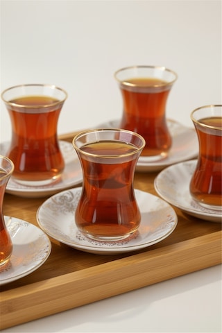 6 Kişilik Emboss Lüks Desen Porselen Altın Yaldızlı Çay Takımı 12 Parça Beyaz