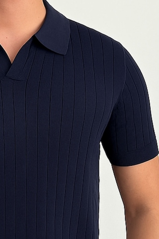 Tarz Cool Erkek Mat Lacivert Slim Fit Fitilli Polo Yaka Triko T-shirt Mat Lacivert