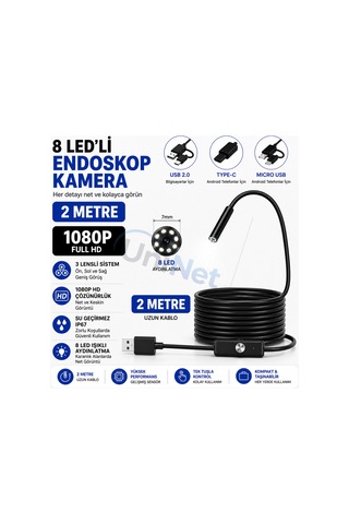 Uninet Türkiyede Ilk 2 Metre 3 Kameralı Android Ve Bilgisayar Uyumlu Endoskop Yılan Kamera 1080p Full Hd