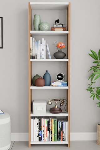 Alpaevmobilya Ahşap 5 Raflı 150 Cm Çok Amaçlı Açık Kitaplık Dekoratif Salon Rafı Düzenleyici Ve Organizer Atlantik Çam - Beyaz