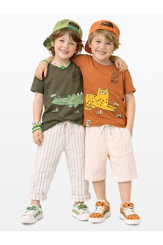Denokids Erkek Çocuk T-shirt 2'li Paket Timsah Leopar Baskılı Kısa Kol T-shirt Pamuklu Renkli