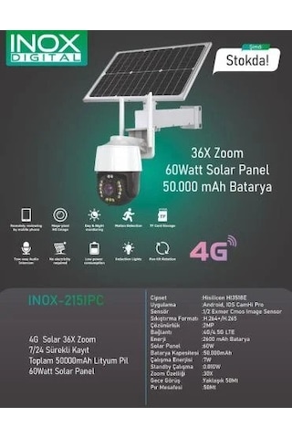 İnox 215 Solar Güneş Panelli Kamera 250 Metre Görüş Mesafeli