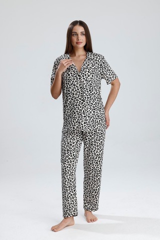 Kompedan Kadın Leopar Desen Önden Düğmeli Pijama Takım LEOPAR