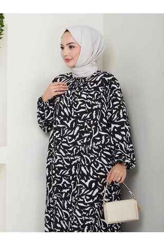 Nevayla Moda Desenli Önü Büzgülü Viskon Elbise - Siyah / E0131 Siyah
