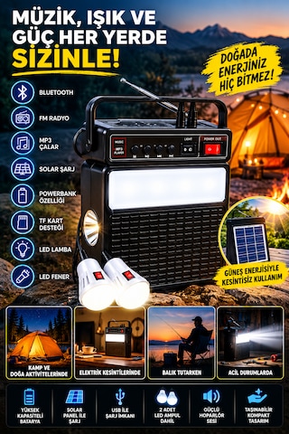 2730sl Solar Şarjlı Bluetooth Hoparlör Fm Radyo Usb/tf Kart Led Fener Kamp Lambası Powerbank