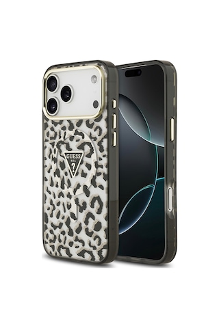 Apple iPhone Uyumlu 18 Pro Max Kılıf Guess Lisanslı M-safeli Üçgen Logolu Simli Leopar Desenli Kapak Siyah