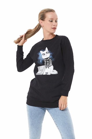 Kedi Baskılı Sıfır Yaka Siyah Kadın Sweatshirt-xl Siyah