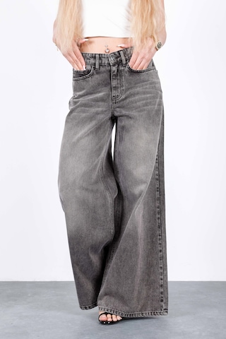 HLT Jeans Gri Kar Kadın Wide Leg Jean %100 Pamuklu Yüksek Bel Palazzo Kot Pantolon Angel-2050 Kar Yıkama