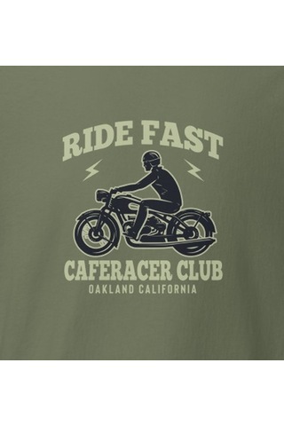 Wildstyle Ride Fast Caferacer Club Motosiklet Vintage Cafe Baskılı Unisex Bisiklet Yaka Pamuklu Tişört - Haki