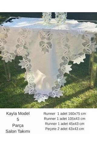 Çeyizlik Kayla Model Krem-krem 5 Parça Keten Runner Seti Masa Örtüsü No 2323 Çok Renkli