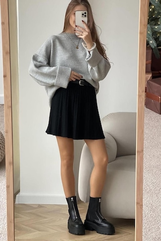 Gri Bisiklet Yaka Oversize Triko Kazak Mg1972 Gri