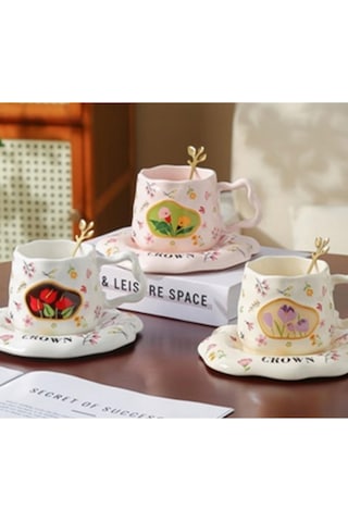 Vintage Özel Tasarım Gold Kaşıklı Tabaklı Seramik Kupa Beyaz