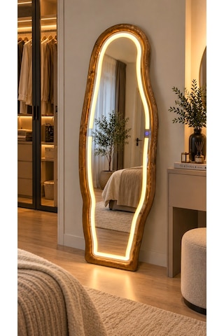 Ledli Doğal Ahşap Çerçeveli 180x60 Cm Ceviz Asimetrik Ayaklı Boy Aynası