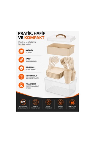 6 Kişilik Piknik Seti 32 Parça Kilitli Taşıma Kutulu Kamp Seyahat Servis Seti Krem Bej