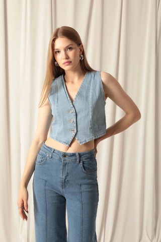 Saklımoda Denim Kumaş Kadın Mavi Kot Yelek Çok Renkli