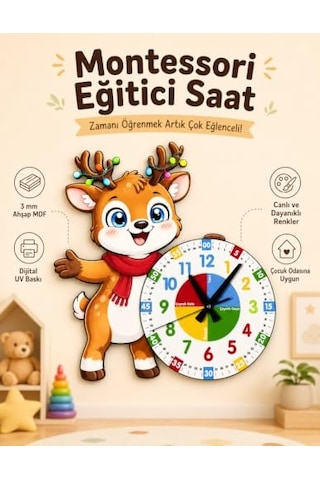 Sevimli Geyik Montessori Çocuk Odası Eğitici Ahşap Duvar Saati - Sessiz Mekanizma, Şık Tasarım Saat