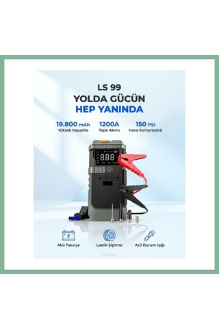 Bşkvirgo Nsun T-life Jump Starter 19800 Mah Akü Takviyeli Hava Kompresörü Lensun Ls 99 Bsk2026