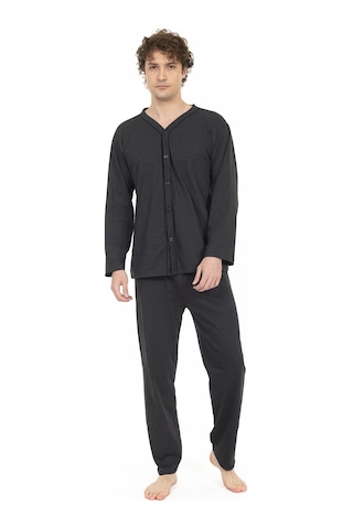Erkek Boydan Düğmeli Yüksel Kalite Pamuk Pijama Takımı 16511-koyu Gri Koyu Gri