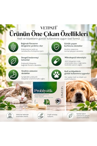 Vetpati Probiyotik Kedi Ve Köpekler Için Probiyotik Prebiyotik Sinbiyotik Takviye 15 Kapsül