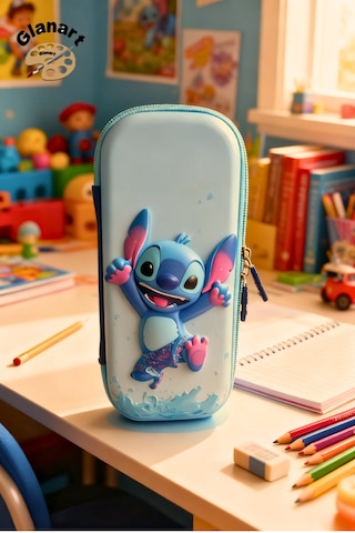Stitch Kabartmalı İçi Fileli Kalem Kutusu Kalemlik 1 Adet Buz Mavi Açık Mavi