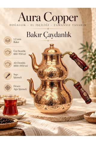 Aura Copper Ağır El İşlemeli Kalın Bakır Çaydanlık Takımı 1,2 Mm 27 Cm Bakır Parlak/ac-cy-032
