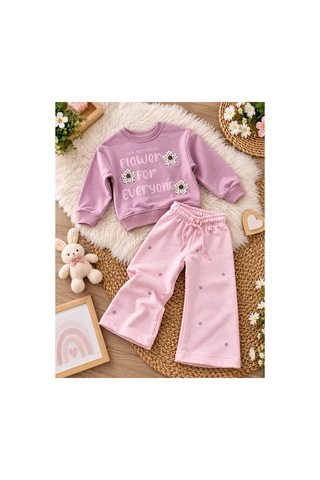 Uğur Bebe Kız Çocuk Çiçekli %100 Pamuk Eşofman Takımı Pudra Sweatshirt Bol Paça Somon Alt 2'li Spor Şık Takım Pudra Somon Pudra Somon