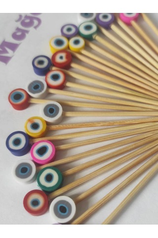 100 Adet Dekoratif Renkli Fimo Nazar Boncuklu Sunum Kürdanı 6,5 Cm - Nazarboncuklu Pasta Kürdanı