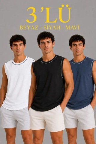 Efnaz Style Erkek 3 Lü Kolsuz Sporcu Atlet Seti Yazlık Bisiklet Yaka - Siyah, Beyaz, İndigo Çok Renkli