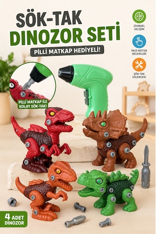 Sök Tak 4'lü 14cm Dinozor Oyuncak Seti Vidalı Montajlı Eğitici Oyuncak + Pilli Matkap İle