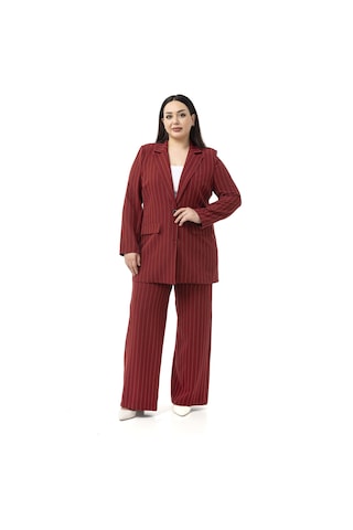 Büyük Beden Çizgili Bordo Ceket Pantolon İkili Takım Bordo