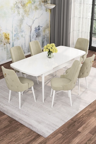 Mona Beyaz 80x132 Açılabilir Mdf Masa Yemek Odası Takımı, Mutfak Takımı 6 Adet Sandalye Beyaz Masa - 6 Krem - Beyaz Ayak