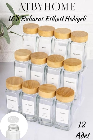 Bambu Kapaklı 12 Adet Cam Baharatlık Seti 120 Ml Kahverengi