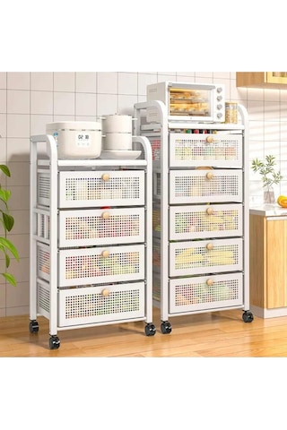 Trendesk 5 Katlı Metal Beyaz Çekmeceli Tekerlekli Patates Soğan Sepeti Sebze Meyve Sepeti Sebzelik