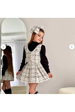 Kız Çocuk Ekose Desenli Yelek Etek Badi Etekli Takım 0311 Krem